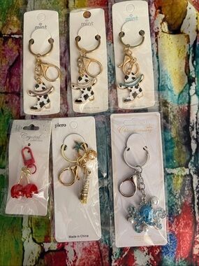 Gold Cow & Ocean Charm Keychain Assortment - White, Black, Red, Blue, Teal